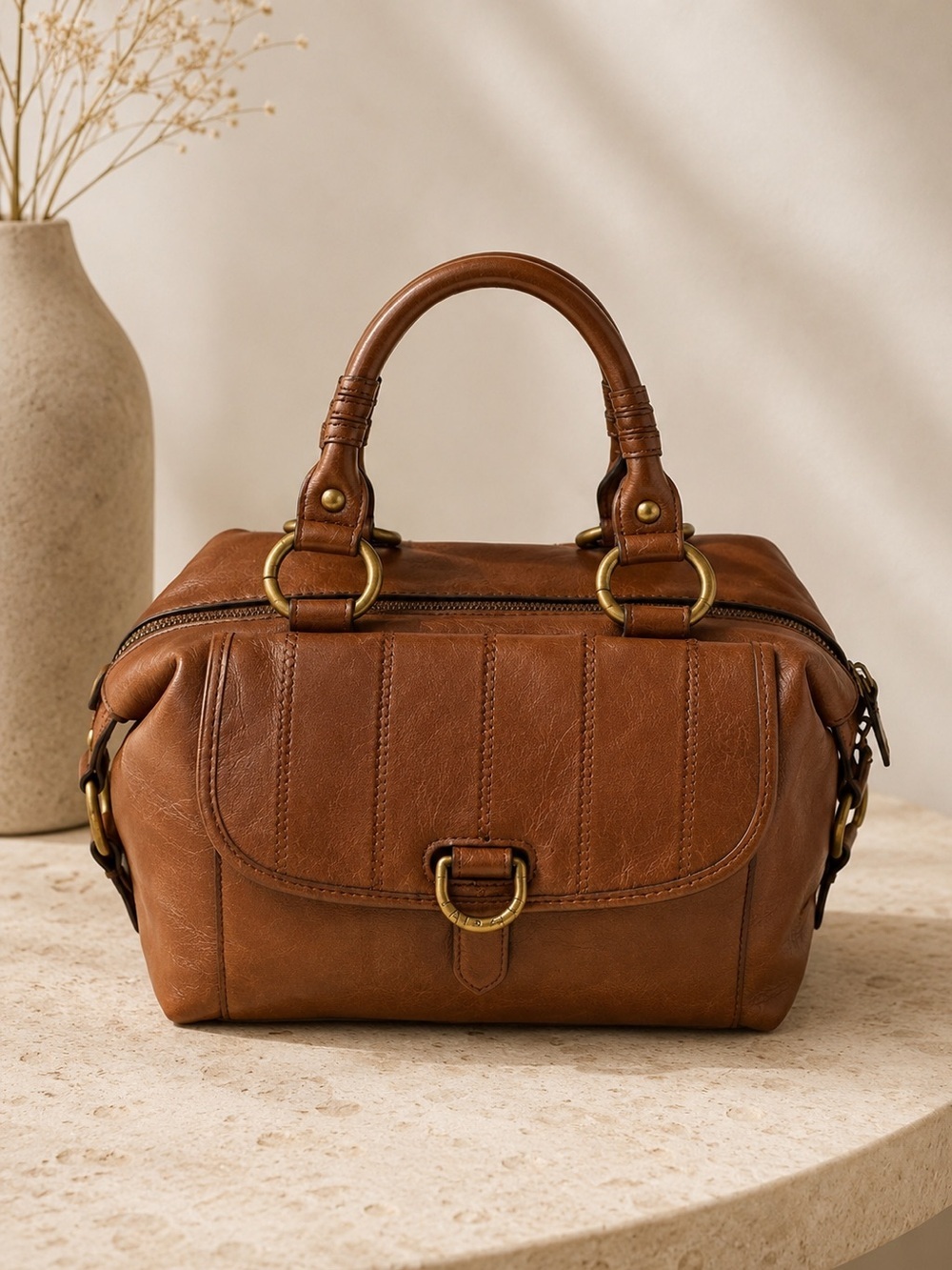 Frye Cognac Brown Leather Satchel Top Handle Doctor Bag Vintage Boho